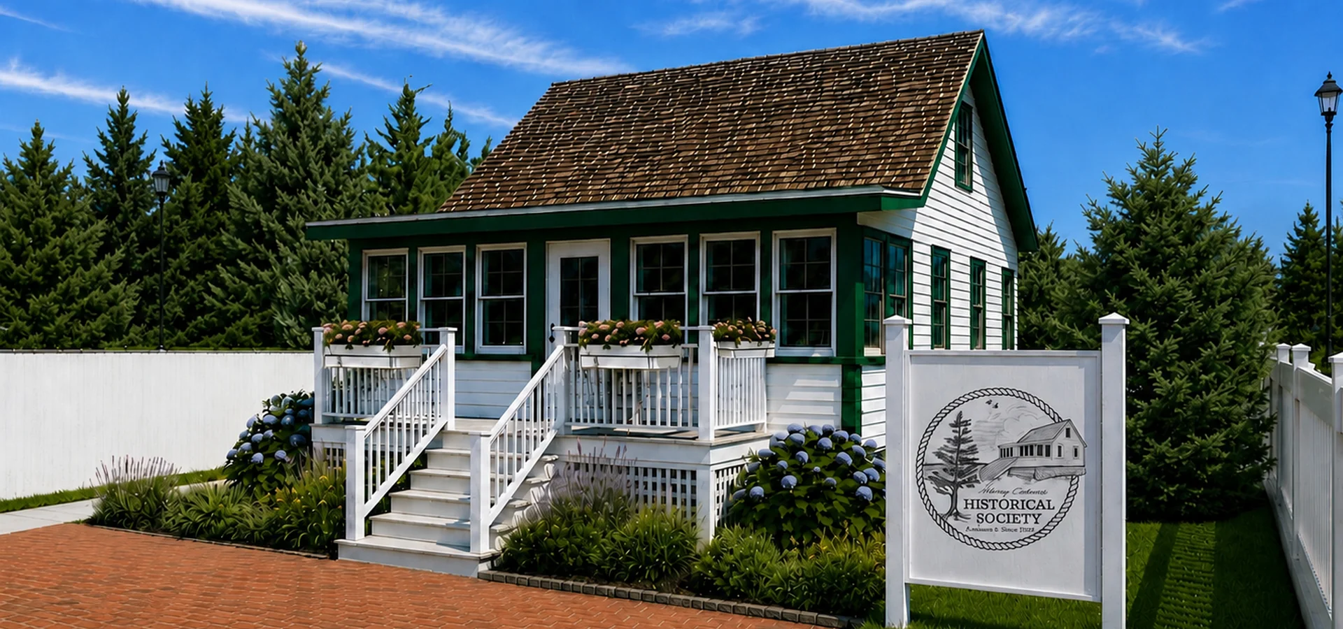 The Harvey Cedars Historical Society museum cottage at Sunset Park: a white cottage with green trim, evergreen trees, a brick walkway and the Historical Society sign under a blue sky